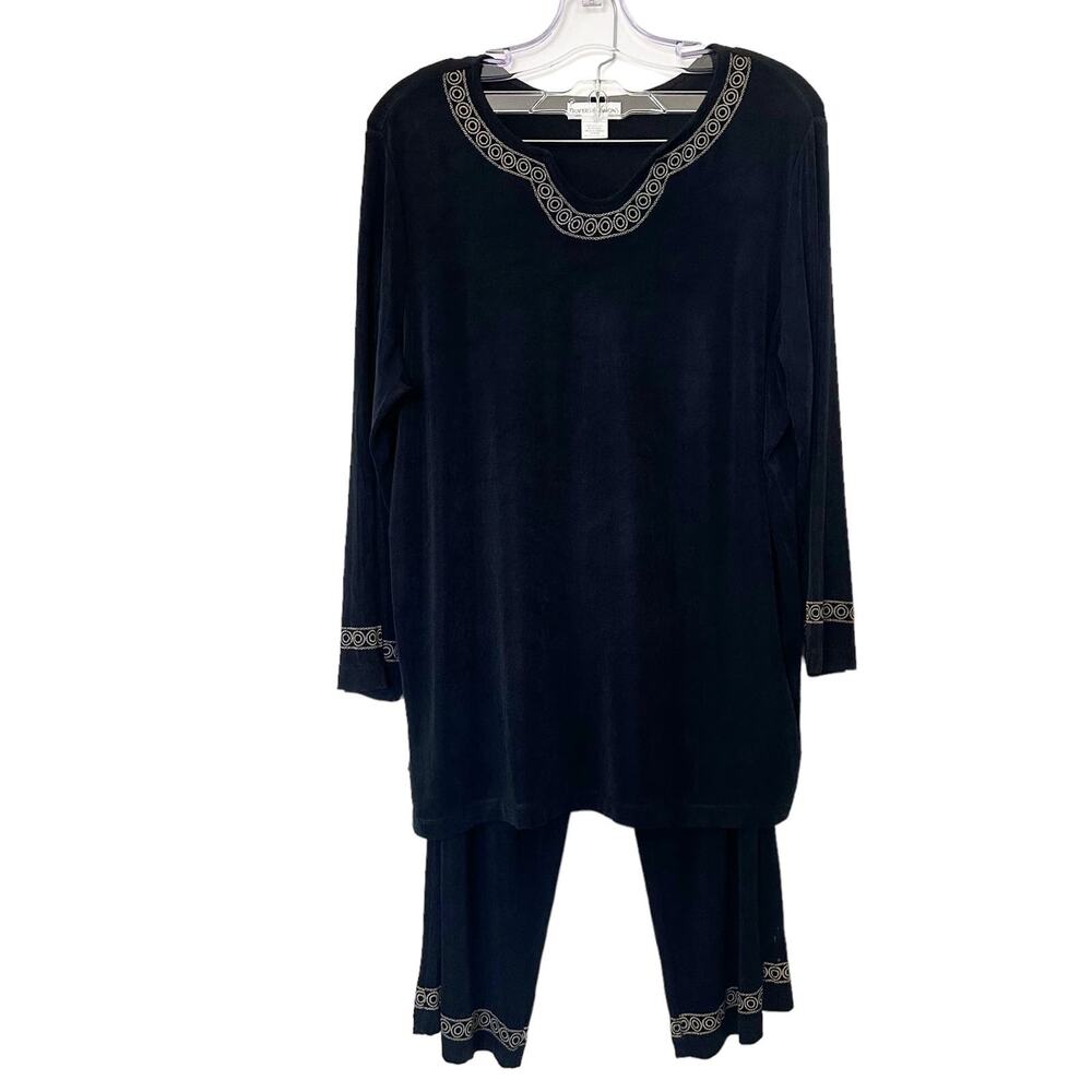 Vintage Draper's & Damon's Black Pant Suit Embroidered Top Size XL Bottom Size L